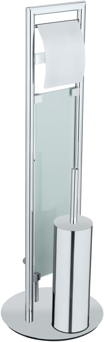 WENKO Sulmona stainless steel free-standing toilet brush set, with toilet paper holder and spare roll holder on heavy base plate, WC brush set with silicone brush head, Ø 25 x 76 cm, shiny