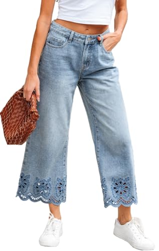 Apvirdy Embroidered Hem Jeans for Women Scalloped Hem Trendy Comfort Loose Fit Denim Pants Wide Leg High Waist Cropped Jeans
