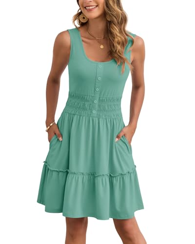 Image of AUSELILY Women Summer Dress Sleeveless Tank Button Down Dresses | Tank button down dress, Empire waist smocked, Casual beach vacation summer dresses with pockets