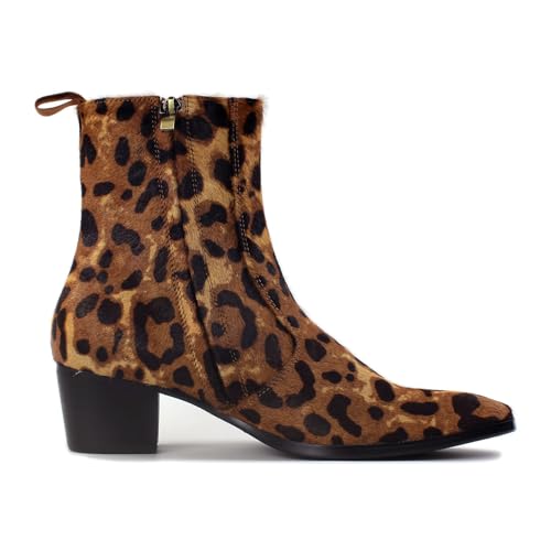 OSSTONE Men Chelsea Ankle Boots Leather Pony Hair Leopard Boot with Side Zipper Heel Boots OS-JY012-D-R4