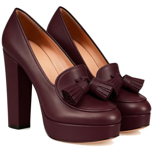 Image of SHODENSE Women Vintage Chunky Platform Loafers Pumps Tassel Round Closed Toe Slip On Suede Block High Heel Dress Loafer Shoes Buckle Strap Oxford Loafers Fringe Pump Dressy Chic Sexy Y2k 4-11 M US