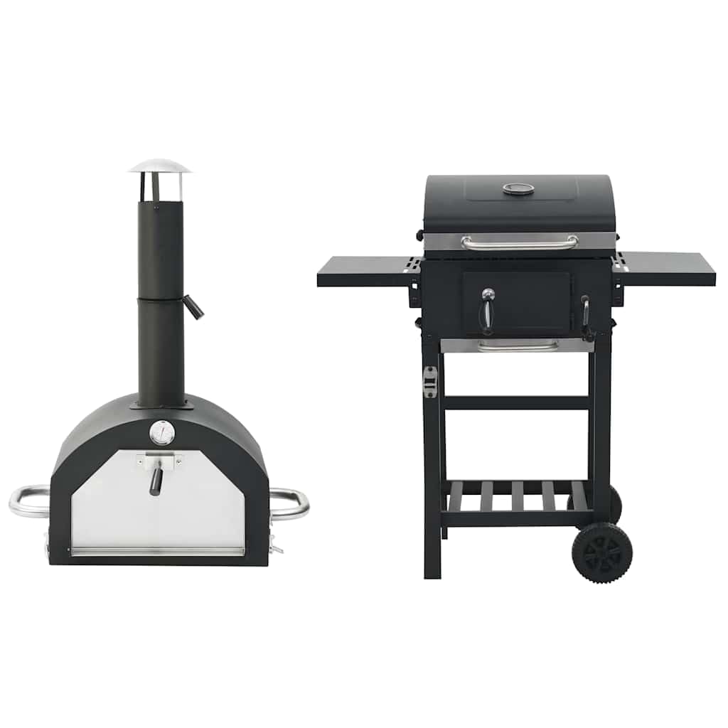 Forno per pizza per esterni 3 in 1, nero, con termostato, funzione affumicatura, piastra rimovibile, tavoli pieghevoli, ruote, per balcone, terrazza, campeggio