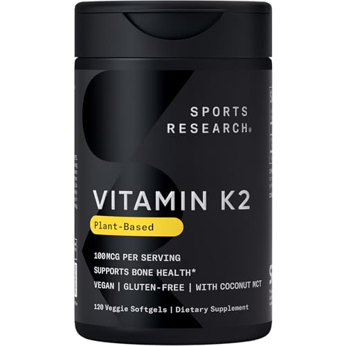 Sports Research Vitamin K2 as MK-7 100mcg with Coconut MCT Oil - 120 Veggie Softgels (4 Month Supply) Vegan Certified, Non-GMO Verified, Gluten & Soy Free