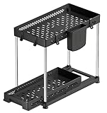 Vihoom Küchen Organizer, 2 Stück Spülschrank Organizer, Unter Waschbecken Organizer mit 8 Haken & 2 Tassen, Ordnungssystem für Küche, Badezimmer, Putzmittel, Waschküche(Schwarz)
