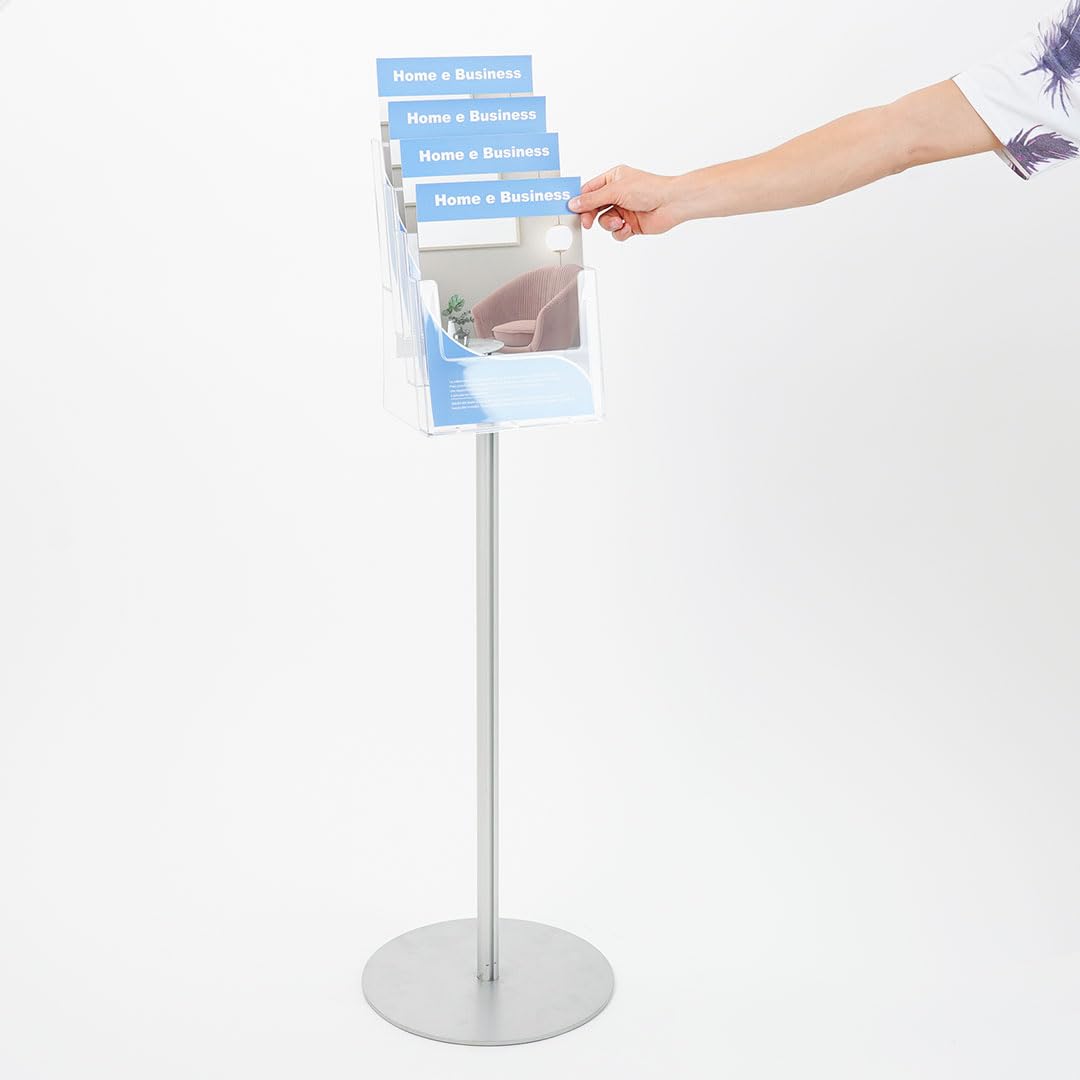 Danieli - Porta Depliant da Terra in Acrilico Trasparente A4 con 4 tasche, per Riviste e Brochure. Porta Volantini Resistente da Utilizzare come Espositore per Ufficio e Negozi. (Alluminio Nero)