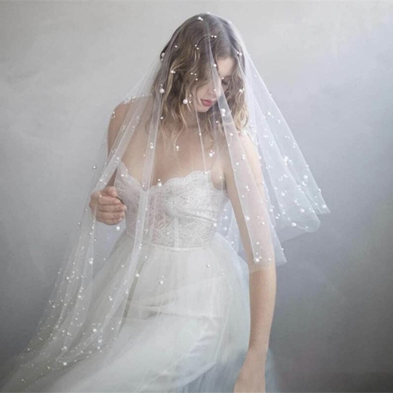 Velo de novia largo con acabado premium de perlas y blusher JFDBGU 5