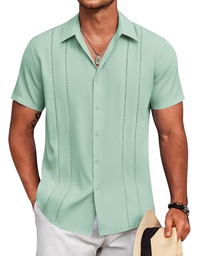 Image of COOFANDY Mens Cuban Guayabera Shirt Short Sleeve Button Down Shirts Summer Beach Vacation Shirts