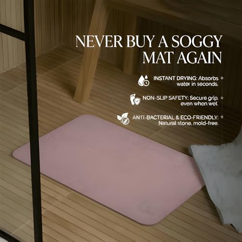 Image of Stone Bath Mat | Diatomaceous Earth Non-Slip Quick Drying Bathroom Floor Mat | Super Absorbent Bathtub & Shower Mat | Odor Free, Safe & Clean for Bathroom & Kitchen (Pink, 29.5 x 39.5 cm)