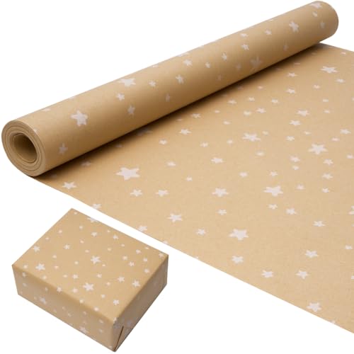 Rulo de papel de regalo de cumpleaños 43 cm x 15 m, kraft reciclable, estampado de estrellas, para decoración de regalos de cumpleaños, boda o fiesta.