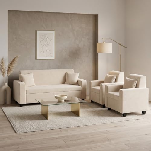 Image of FURNY QualityWood 3 Seater + 1 Seater + 1 Seater Fabric Sofa Set (Cream) with Velvet Finish | Durable Comfort | Ideal for Living Room