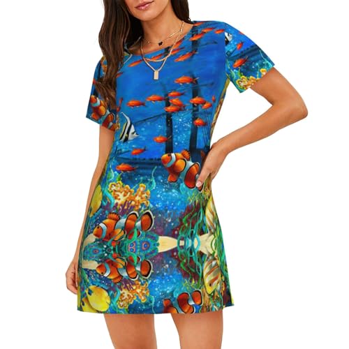 Chemise de nuit douce manches courtes pour femme pyjama léger motif poissons tropicaux