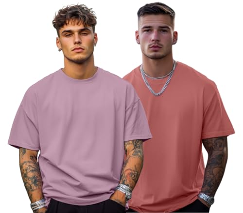 Image of Veirdo Solid Oversized 100% Pure Cotton Combo T-Shirt for Men & Boys (Half Sleeves, Round Neck, Drop Shoulder, Baggy Fit, Pack of 2, Available in S to 2XL