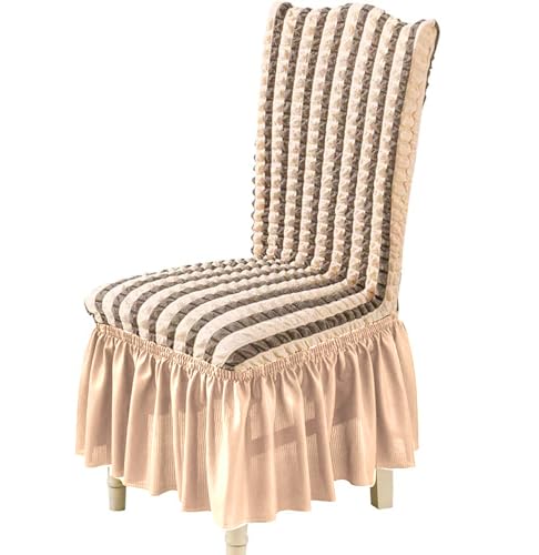 Image of House of Quirk Turkish Bubble Frill Chair Cover Stretch Removable Washable Short Dining Chair Cover Protector Seat Slipcover (Beige Stripe, Pack of 1) Polyester