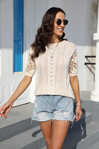Y Yolitee Short Sleeve Sweaters For Women 2023 Crewneck Lace Crochet Knit Pullover Oversized Tops Apricot Medium #TOP2