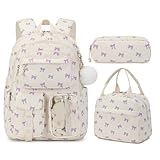 Pocoiau Mochilas para niñas, 3 piezas, mochila escolar para niños y adolescentes con bolsa de almuerzo, bolsas para lápices, bonitas mochilas de viaje, mochila de viaje, Lazo morado
