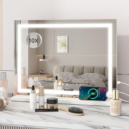 YU YUSING Espejo Maquillaje con Luz, 58 x 48cm, 3 Modos Iluminación Regulables, Espejo Tocador, Espejos de Mesa, Controles Táctiles, Cargdor USB, 10X, Vanity Mirror Tocador Dormitorio, Rectangular