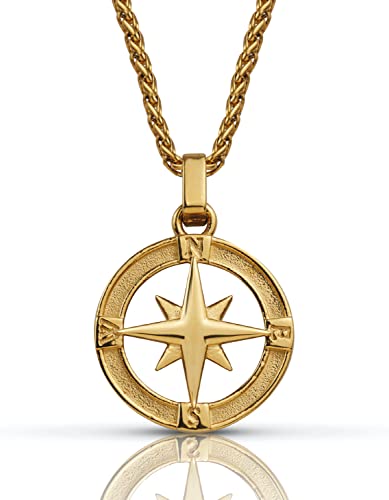 Forge & Foundry Men's North Star Pendant Necklace With 22" Wheat Chain Included [ Polished 18K Gold Over Stainless Steel] | "Polaris" | Refined Hand-Crafted Jewelry, Designed By Jewelers, Forged For Men #TOP18