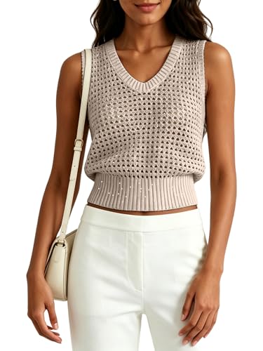 Image of Women's Crochet Tank Tops Sleeveless Sequins Lightweight Sweaters Bohemian Beach Hollow Out Knitted Vest
