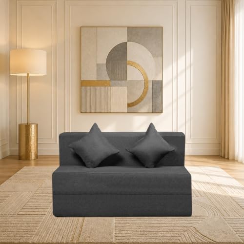 Image of Seventh Heaven Rejioce 2 Seater 4 * 6 Jute Fabric Washable Cover Sofa Cum Bed with 2 Cushions 2 Seater Double Foam Fold Out Sofa Cum Bed (Finish Color - Dark Grey Delivery Condition - Pre-Assembled)