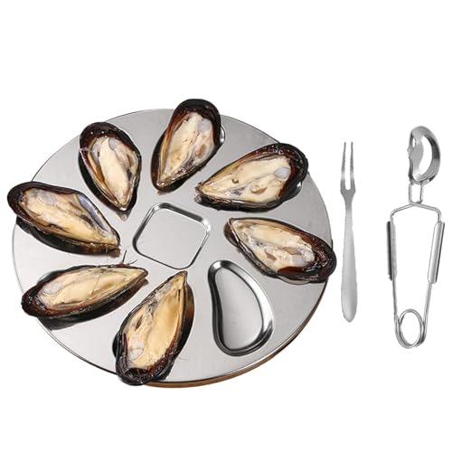 di ostriche, vassoi in metallo per servire | Supporto per ostriche in acciaio , vassoio a forma di conchiglia di ostrica a 8 slot, include forchetta e pinza, 8 slot, per salsa