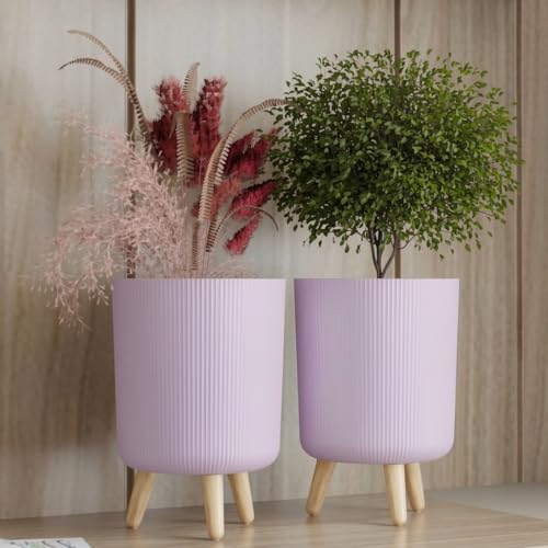 Image of StyleX Store Modern Flower Pot with Plastic Legs | Indoor Outdoor Planter for Home Garden Balcony Decor Ribbed Design Sturdy Plastic Mid-Century Style (Lavender Pack of 2)
