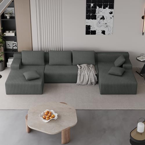 Image of LAUSAINT HOME 132 inch Modular Sectional Sofa Couches, U-Shaped Boneless Cloud Sofa with 4 Deep Seat, 6 Cushiones Oversized Chaise for Living Room, Bedroom, Plush Corduroy Fabric (U Shaped Sofa, Grey)