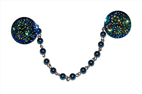 Old School Geekery Cardigan Sweater Clips on 6 Inch Beaded Chain Stunning Blue Flower Collar Clip