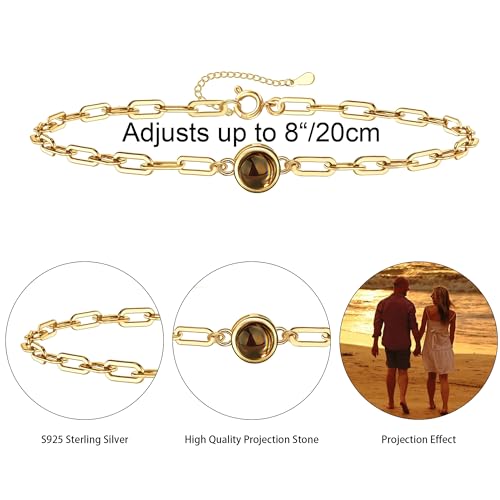 Personalized Photo Projection Bracelet 925 Sterling Silver Projection Bracelet with Picture Inside,I Love You 100 Languages Photo Round Pendant Bracelet Gifts for Women Wife Birthday Anniversary3