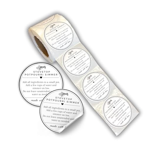 Stovetop Potpourri Instruction Label | 250 pc Roll 2” Circle Label for Package of Stove Top Simmer Christmas Home Scent Use with Glass Saucepan Stove-Top Steamer Pot