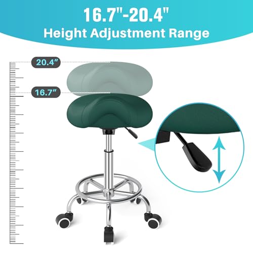 Image of YEEZEE Saddle Stool Ergonomic- Comfortable Rolling Saddle Stool with Wide Thick Saddle Seat Padding, Swivel Adjustable Saddle Chair with Wheels and Ring Pedal for Medical Massage Salon (Green)