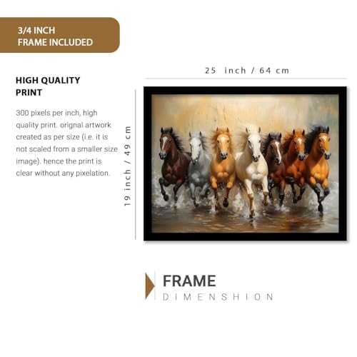 Image of HOTHOUSE Seven Running Vastu Lucky Horse Painting | 7 Horses Vastu Frame Wall Art Painting for Living Room Bedroom Office Home Decor Wall Decor Size (19X25 inch)