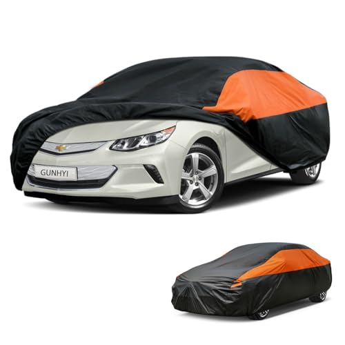 Image of GUNHYI Waterproof Sedan Full Car Cover Custom Fit Chevrolet Chevy Volt | All‑weather Outdoor sun /rain /dust /snow /wind /UV protection, breathable lightweight fabric, black‑orange design,storage bag