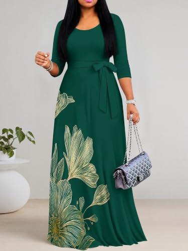 Image of PinkPatty Women's Plus Size Maxi Dresses Casual Flowy 3 /4 Sleeves Dress Printed Vacation Dress for Daily Wear with Belt