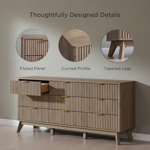 Image of T4TREAM 63 inch Wide Fluted 9 Drawer Dresser for Bedroom, Grey Alder