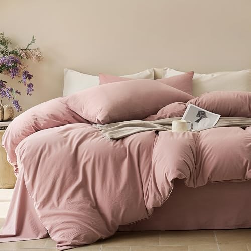 JELLYMONI Duvet Cover Twin Size - Washed Cotton Comforter Cover with Linen-Like Texture,Breathable & Soft Bedding for Modern Home,Guest Room and Everyday Use,Darker Rose 1 Duvet Cover & 1 Pillowcase by JELLYMONI - Used condition - CA$58.58