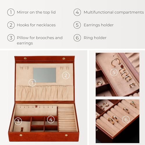 Image of Time Resistance Leather Jewelry Box - Full Grain Leather Organizer, Accessories Storage for Women - Jewelry Case (Cognac Brown)