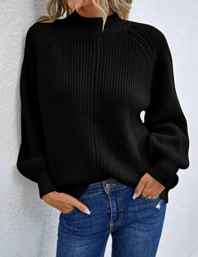 Blooming Jelly Women's Mock Neck Sweater Cable Knit Puff Sleeve Chunky Fall Pullover Sweaters For Fall And Winter (Large, Black) #TOP1