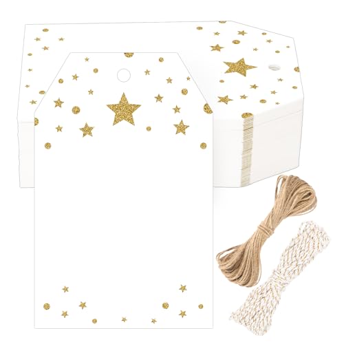 G2PLUS Gold Gift Tags with String, 100PCS Foil Gold Stars Blank Tag