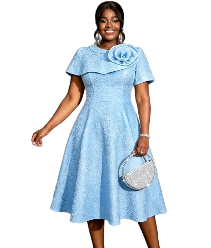 Image of AOMEI Women's Irregular Neck with Flower Short Puff Sleeve High Waist A-Line Jacquard Dress