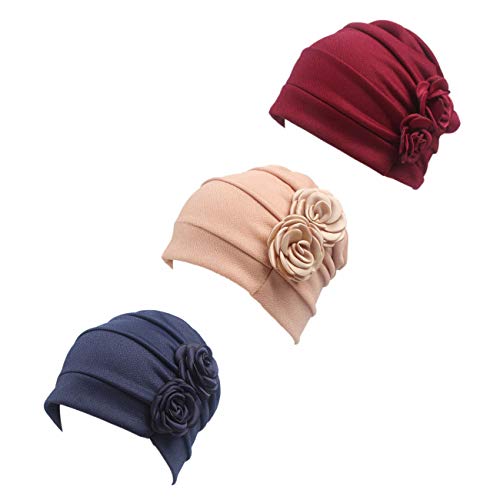 Ever Fairy 3 Colors Chemo Cancer Head Scarf Hat Cap Ethnic Cloth Print Turban Headwear Women Stretch Flower Muslim Headscarf (3 Colors Back-H2)