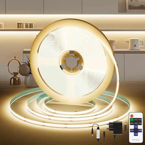 LED Strip COB LED Streifen 5M, LED Band 2700K mit Fernbedienung für Wohnzimmer Beleuchtung Gaming Deko 36W, lichtband Selbstklebend 24V küchenbeleuchtung Superhell Fernseher Beleuchtung Lichtstreifen