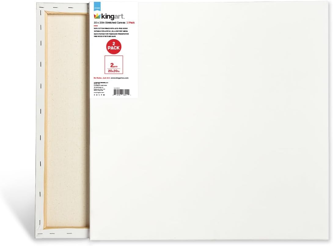 KINGART Stretched Canvas (809-2), 20 x 20 inches, 100% Cotton, Gesso-Primed, 2-Pack