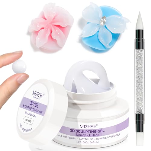 MIZHSE White 3D Gel Nail Art 30g Sculpting Gel Non-Sticky Molding Gels for Nails Solid U V LED Soak Off Gels Polish with Nail Art Pen and 3D Mold for Nail Design Home Manicure