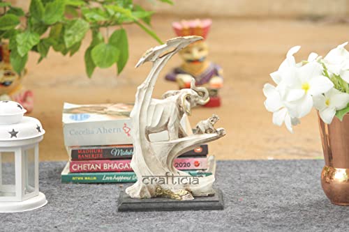 Image of Resin Elephant on Tree with Baby Elephant Statue Animal Figurine On Wooden Base for Feng Shui and Vaastu Statue (14.5X9X23.5 cm, Off White)