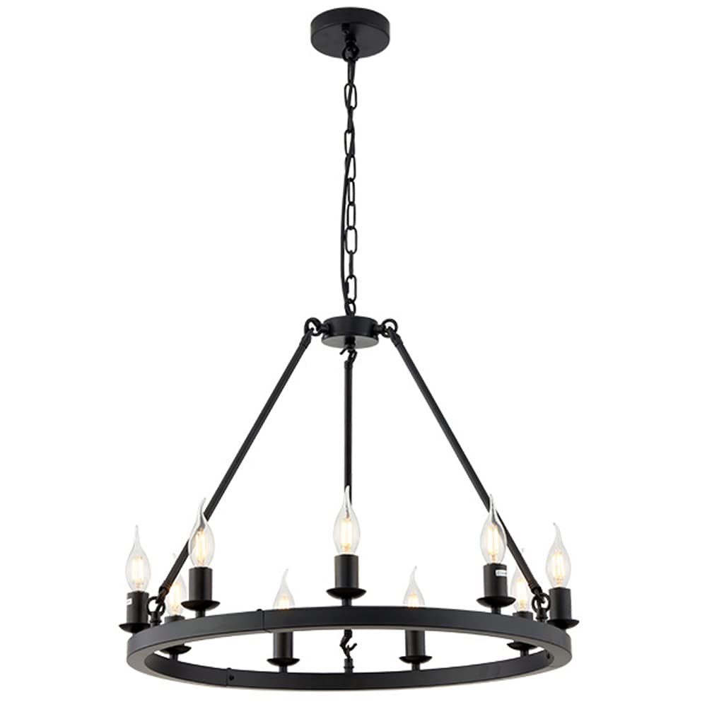 HXYSXHJUO 9-Lights Candle Lamp Wagon Wheel Chandelier,23.6in Metal Chandeliers For Bedrooms,Matte Black Living Room Lamps,Adjustable Chain Kitchen Island Light