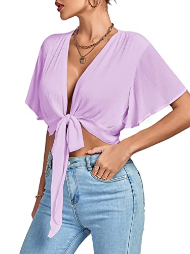 Image of LYANER Women's Sexy Deep V Neck Tie Front Wrap Cropped Blouse Bell Short Sleeve Ruffle Crop Tops