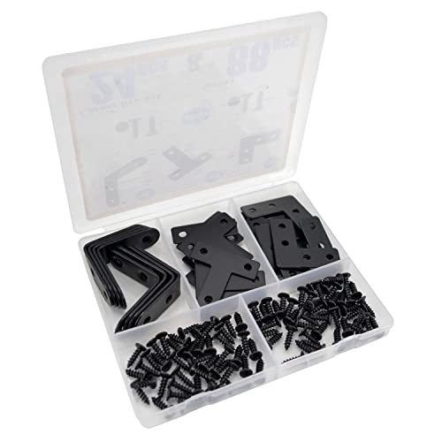 QSJ 24 Pack L Bracket Corner Brace Sets, 1.57x1.57 Inch Black Stainless Steel 90 Degree Right Angle Brackets Fastener L Braces with 88 Screws for Wood, Shelves, Furniture, Cabinet