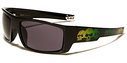Locs Square Triple Skulls Wrap Around Sunglasses (Black, Yellow & Green Frame, Black)