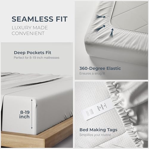 Image of THREAD SPREAD 100% Egyptian Cotton Split King Sheets Sets for Adjustable Bed - 1500 Series Split King Sheets (5 PC, Light Grey), Silky Soft, Sateen, Cooling & Breathable, 17 inch Deep Pocket Bed Set