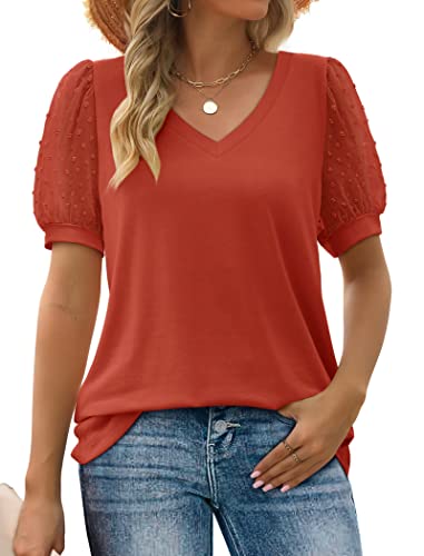 Image of Aokosor Womens Summer Tops V Neck T Shirts Swiss Dot Puff Sleeve Tops Loose Casual Tshirts